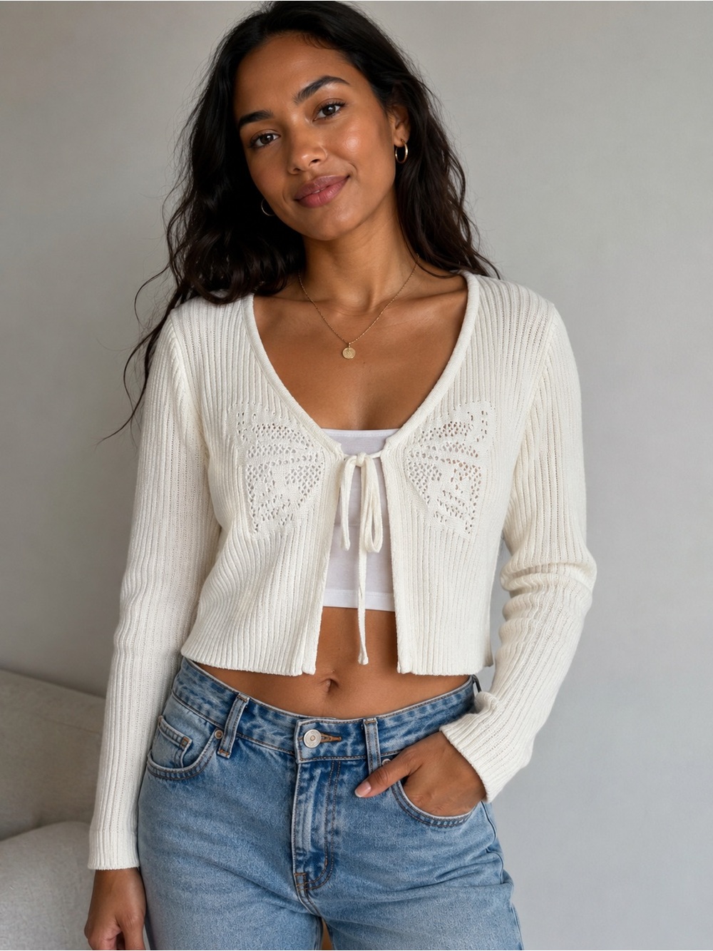 Cotton On Cream/Off White Crochet Tie-Front Cropped Cardigan XL